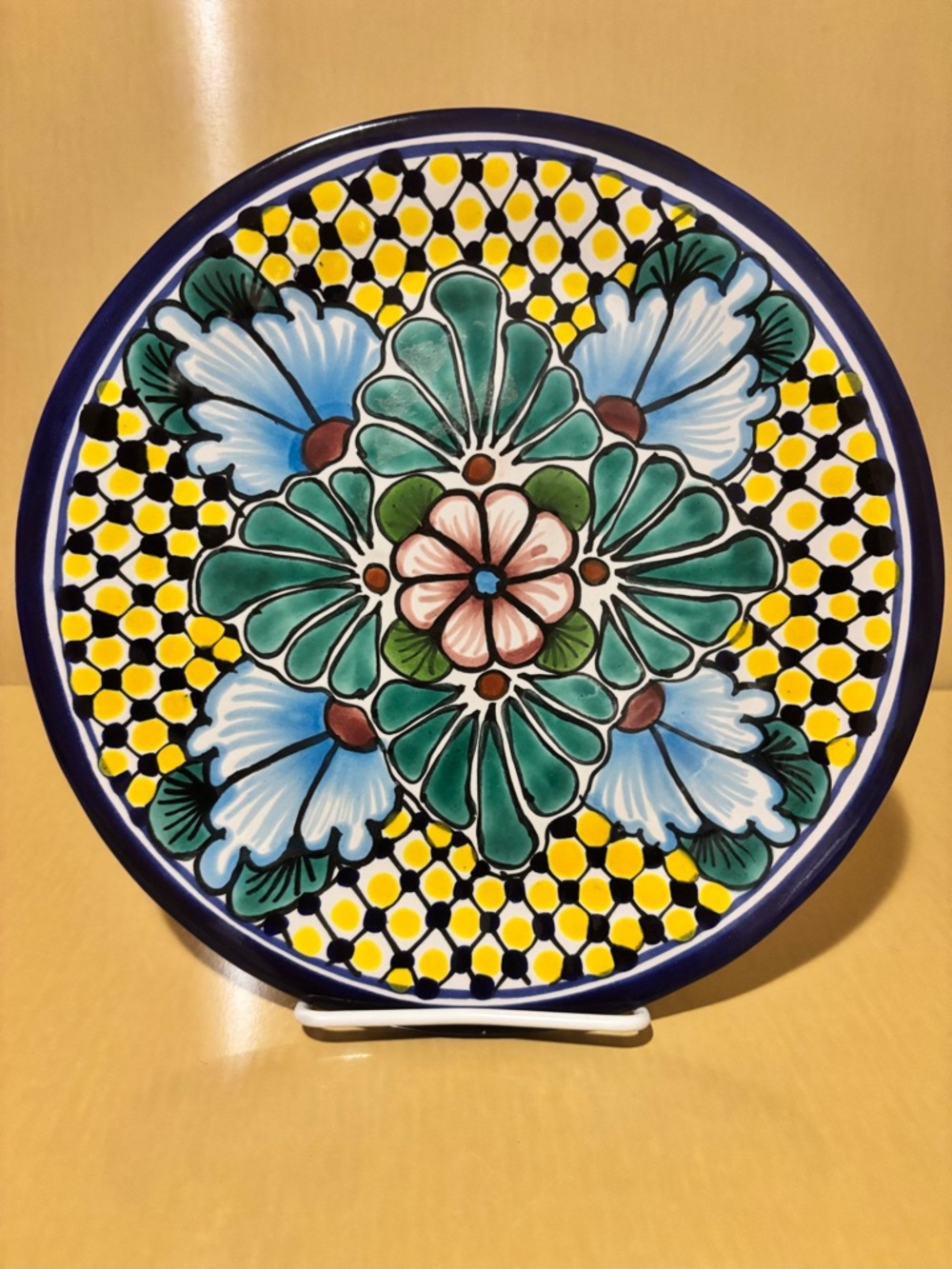 Hand-Painted Floral Decorative Wall Plate in Blue, Green & Yellow